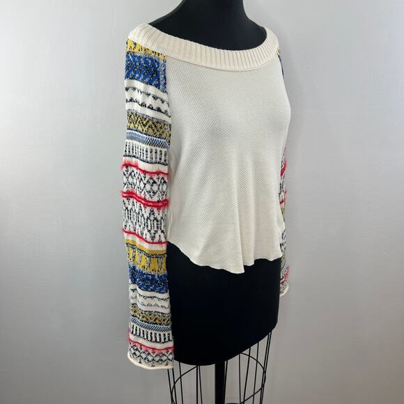 FREE PEOPLE Fairground Patterned Wide Neck Thermal Top Ivory Art Sleeves Boho S - Picture 5 of 10